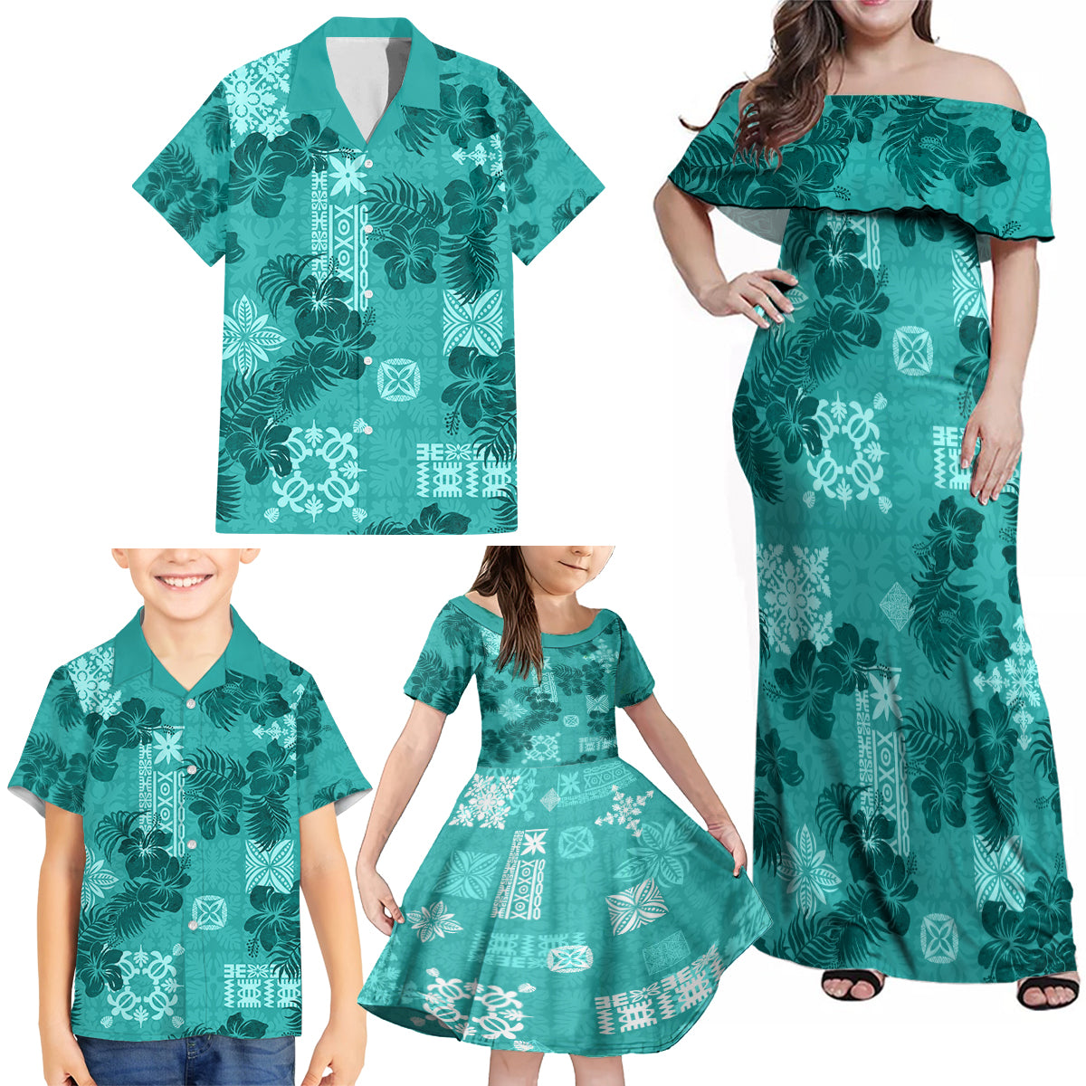 Vintage Hawaii Family Matching Off Shoulder Maxi Dress and Hawaiian Shirt Hibiscus Mix Hawaiian Quilt Patches - Teal LT7 - Polynesian Pride