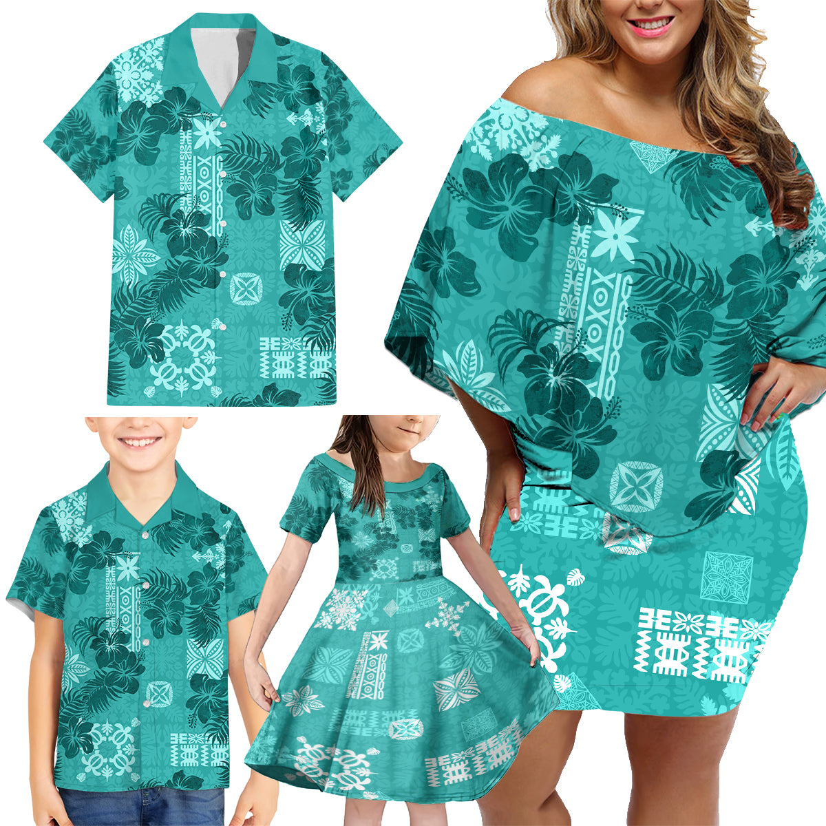 Vintage Hawaii Family Matching Off Shoulder Short Dress and Hawaiian Shirt Hibiscus Mix Hawaiian Quilt Patches - Teal LT7 - Polynesian Pride