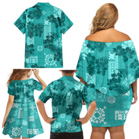 Vintage Hawaii Family Matching Off Shoulder Short Dress and Hawaiian Shirt Hibiscus Mix Hawaiian Quilt Patches - Teal LT7 - Polynesian Pride