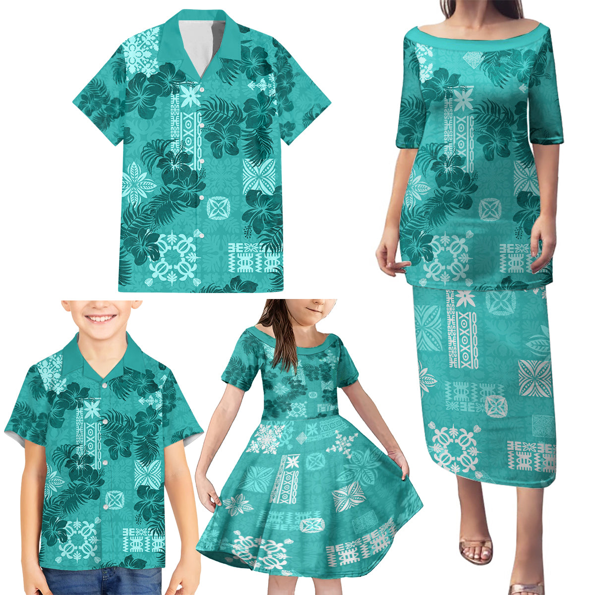 Vintage Hawaii Family Matching Puletasi Dress and Hawaiian Shirt Hibiscus Mix Hawaiian Quilt Patches - Teal LT7 - Polynesian Pride