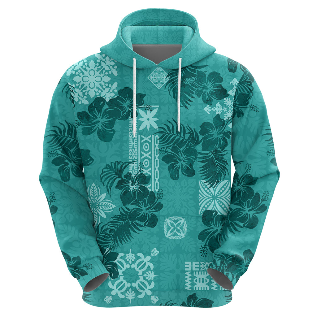 Vintage Hawaii Hoodie Hibiscus Mix Hawaiian Quilt Patches - Teal LT7 - Polynesian Pride