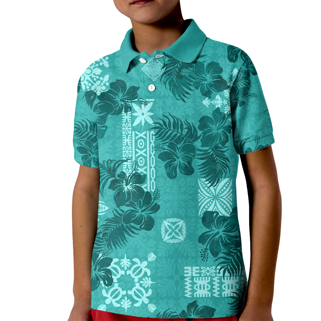 Vintage Hawaii Kid Polo Shirt Hibiscus Mix Hawaiian Quilt Patches - Teal LT7 Kid Teal - Polynesian Pride