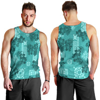Vintage Hawaii Men Tank Top Hibiscus Mix Hawaiian Quilt Patches - Teal LT7 - Polynesian Pride