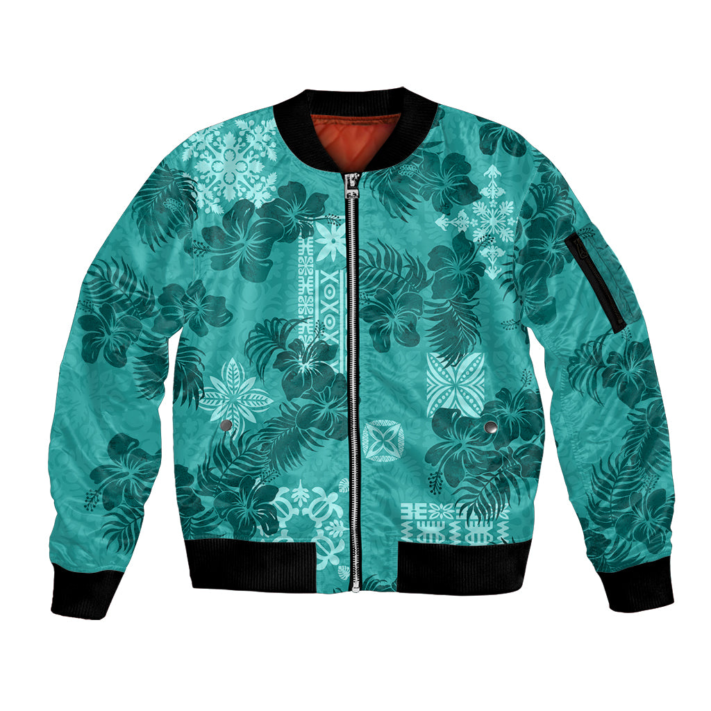 Vintage Hawaii Sleeve Zip Bomber Jacket Hibiscus Mix Hawaiian Quilt Patches - Teal LT7 Unisex Teal - Polynesian Pride