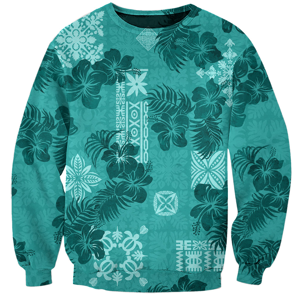 Vintage Hawaii Sweatshirt Hibiscus Mix Hawaiian Quilt Patches - Teal LT7 Unisex Teal - Polynesian Pride