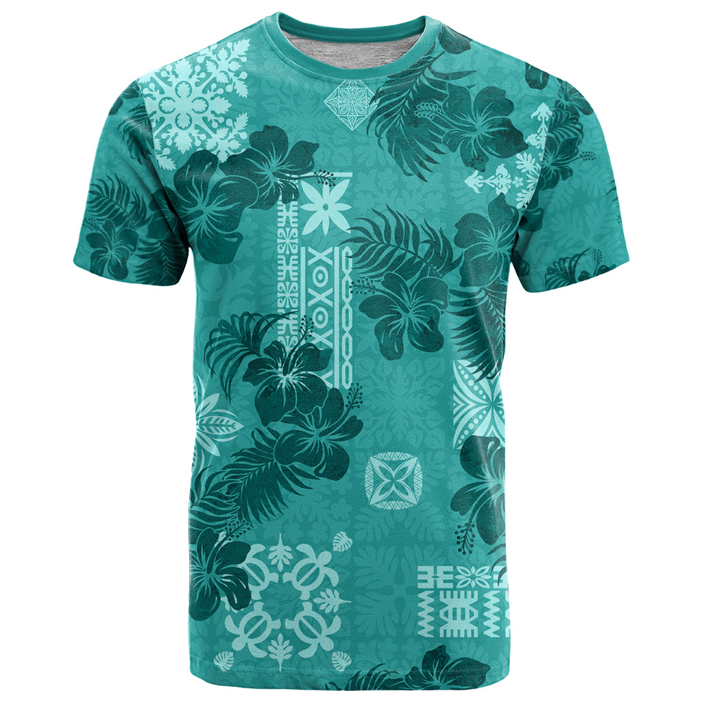 Vintage Hawaii T Shirt Hibiscus Mix Hawaiian Quilt Patches - Teal LT7 Teal - Polynesian Pride