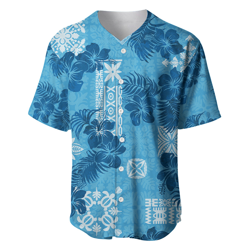 Hawaii Tapa Baseball Jersey Hibiscus Mix Hawaiian Quilt Patches - Blue LT7 Blue - Polynesian Pride