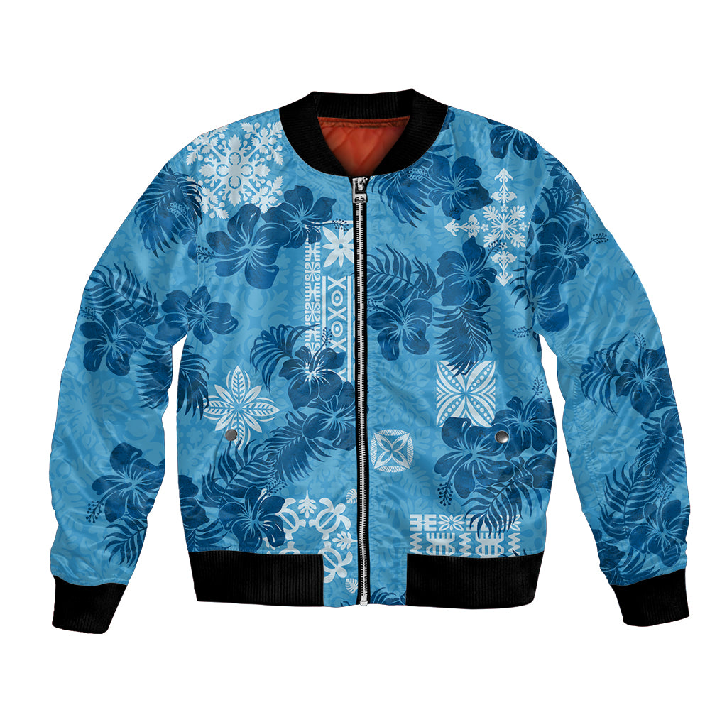 Hawaii Tapa Bomber Jacket Hibiscus Mix Hawaiian Quilt Patches - Blue LT7 Unisex Blue - Polynesian Pride