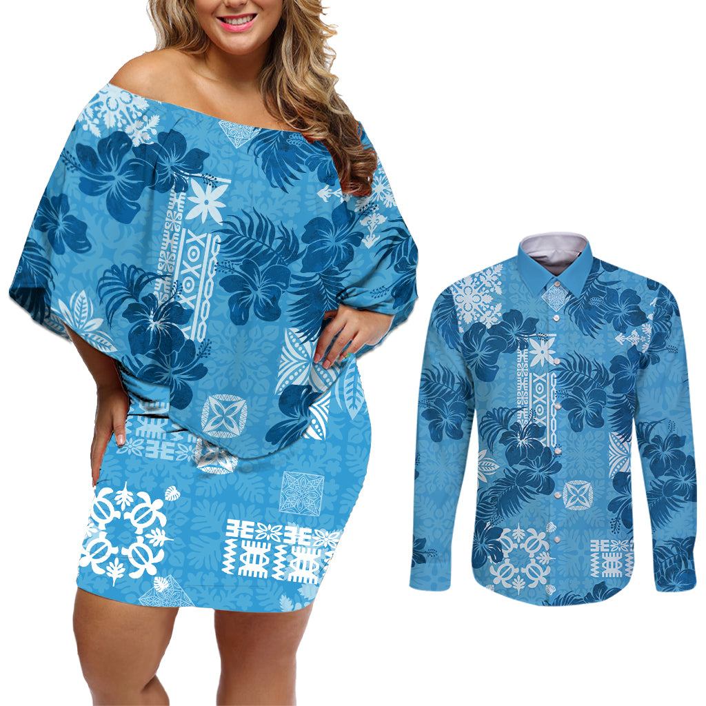 Hawaii Tapa Couples Matching Off Shoulder Short Dress and Long Sleeve Button Shirt Hibiscus Mix Hawaiian Quilt Patches - Blue LT7 Blue - Polynesian Pride