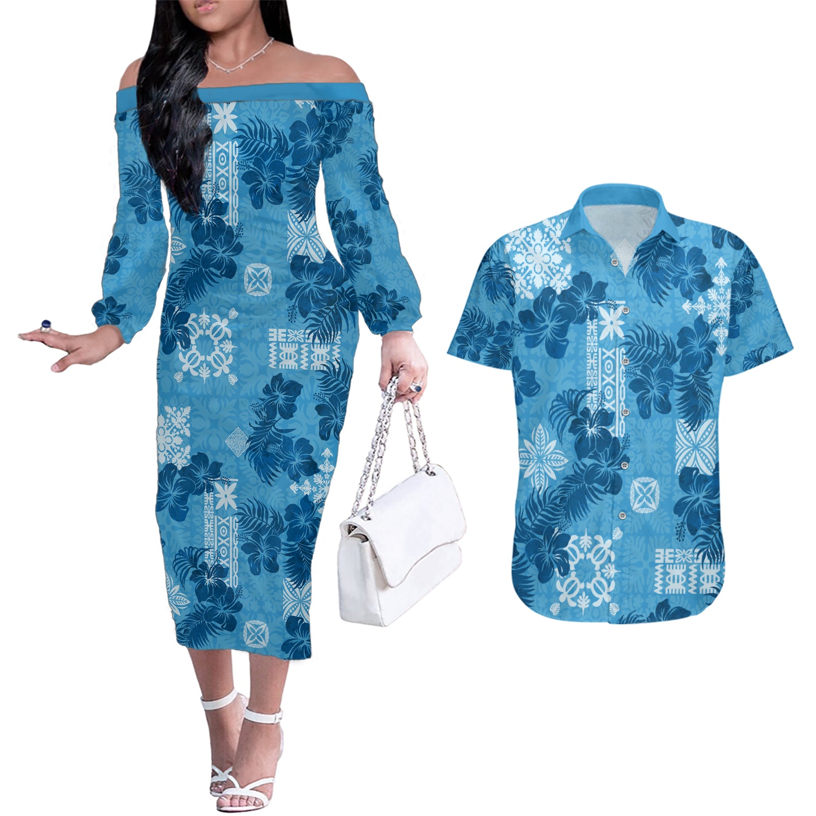 Hawaii Tapa Couples Matching Off The Shoulder Long Sleeve Dress and Hawaiian Shirt Hibiscus Mix Hawaiian Quilt Patches - Blue LT7 Blue - Polynesian Pride