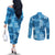 Hawaii Tapa Couples Matching Off The Shoulder Long Sleeve Dress and Long Sleeve Button Shirt Hibiscus Mix Hawaiian Quilt Patches - Blue LT7 - Polynesian Pride