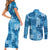 Hawaii Tapa Couples Matching Short Sleeve Bodycon Dress and Long Sleeve Button Shirt Hibiscus Mix Hawaiian Quilt Patches - Blue LT7 - Polynesian Pride