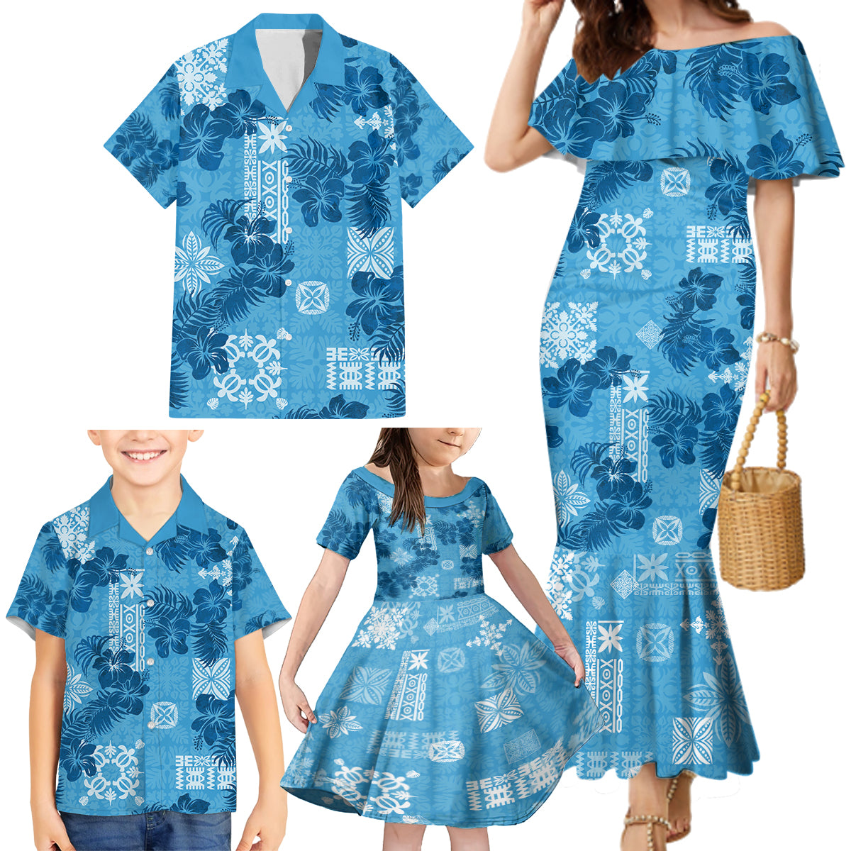 Hawaii Tapa Family Matching Mermaid Dress and Hawaiian Shirt Hibiscus Mix Hawaiian Quilt Patches - Blue LT7 - Polynesian Pride