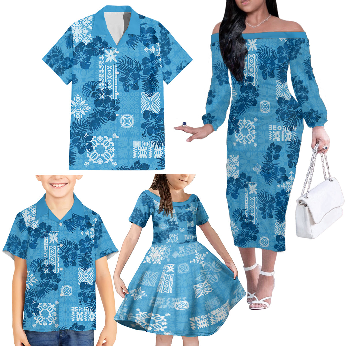 Hawaii Tapa Family Matching Off Shoulder Long Sleeve Dress and Hawaiian Shirt Hibiscus Mix Hawaiian Quilt Patches - Blue LT7 - Polynesian Pride