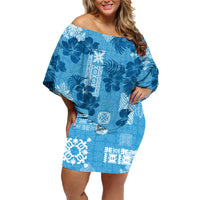 Hawaii Tapa Family Matching Off Shoulder Short Dress and Hawaiian Shirt Hibiscus Mix Hawaiian Quilt Patches - Blue LT7 Mom's Dress Blue - Polynesian Pride