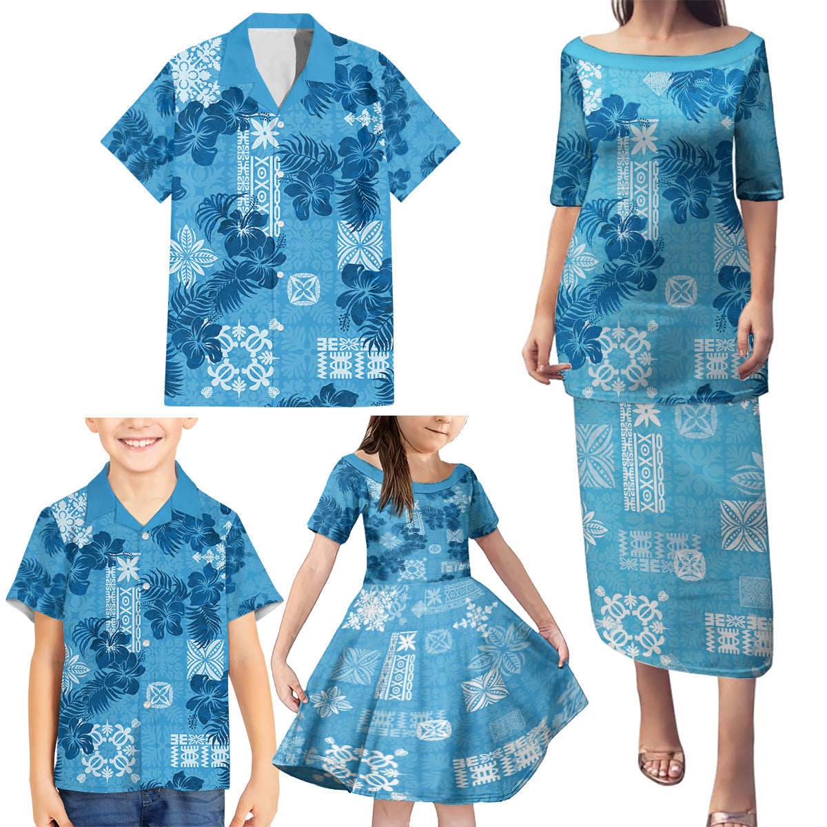 Hawaii Tapa Family Matching Puletasi Dress and Hawaiian Shirt Hibiscus Mix Hawaiian Quilt Patches - Blue LT7 - Polynesian Pride