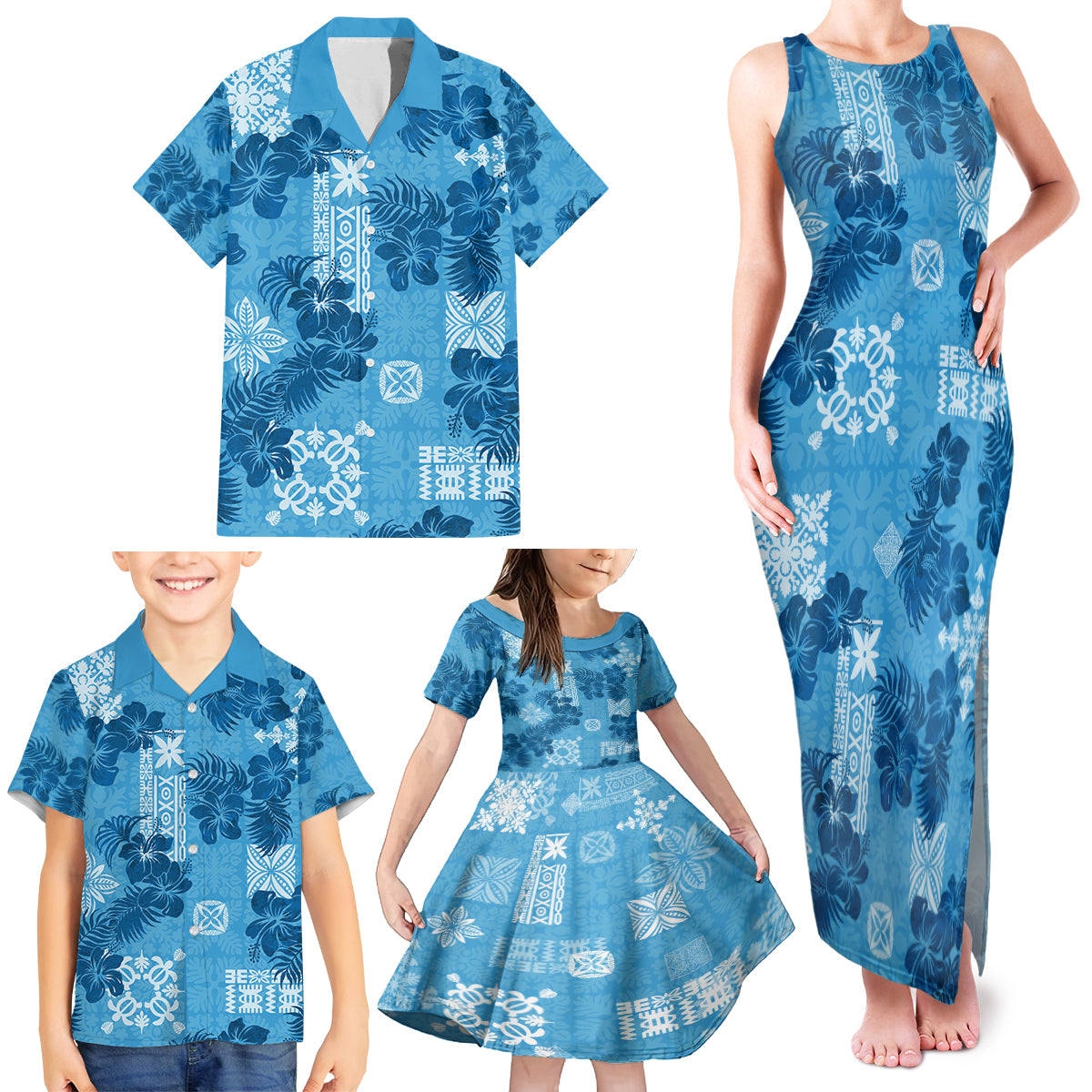 Hawaii Tapa Family Matching Tank Maxi Dress and Hawaiian Shirt Hibiscus Mix Hawaiian Quilt Patches - Blue LT7 - Polynesian Pride