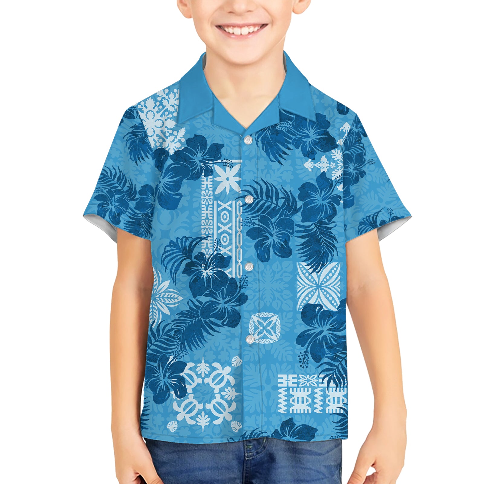 Hawaii Tapa Kid Hawaiian Shirt Hibiscus Mix Hawaiian Quilt Patches - Blue LT7 Kid Blue - Polynesian Pride