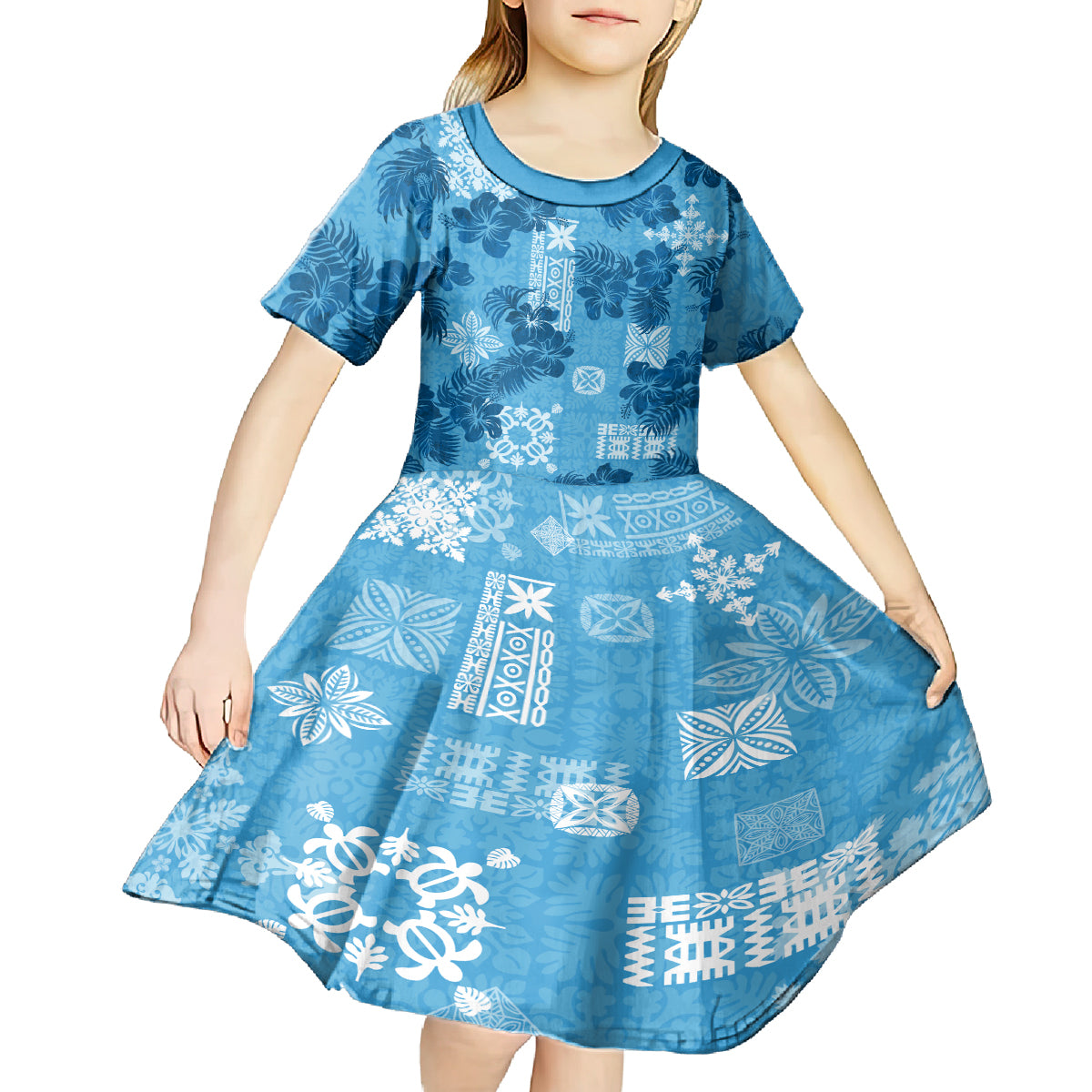 Hawaii Tapa Kid Short Sleeve Dress Hibiscus Mix Hawaiian Quilt Patches - Blue LT7 - Polynesian Pride