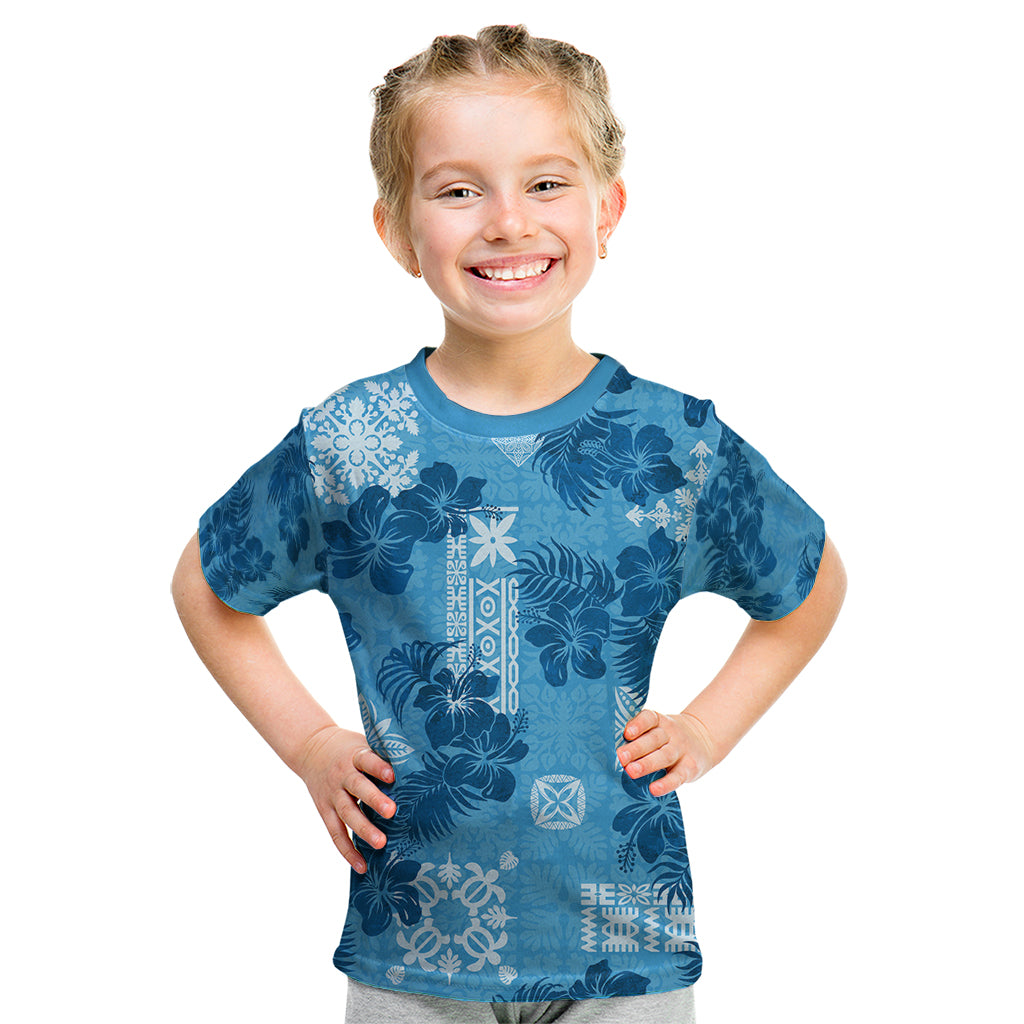 Hawaii Tapa Kid T Shirt Hibiscus Mix Hawaiian Quilt Patches - Blue LT7 Blue - Polynesian Pride