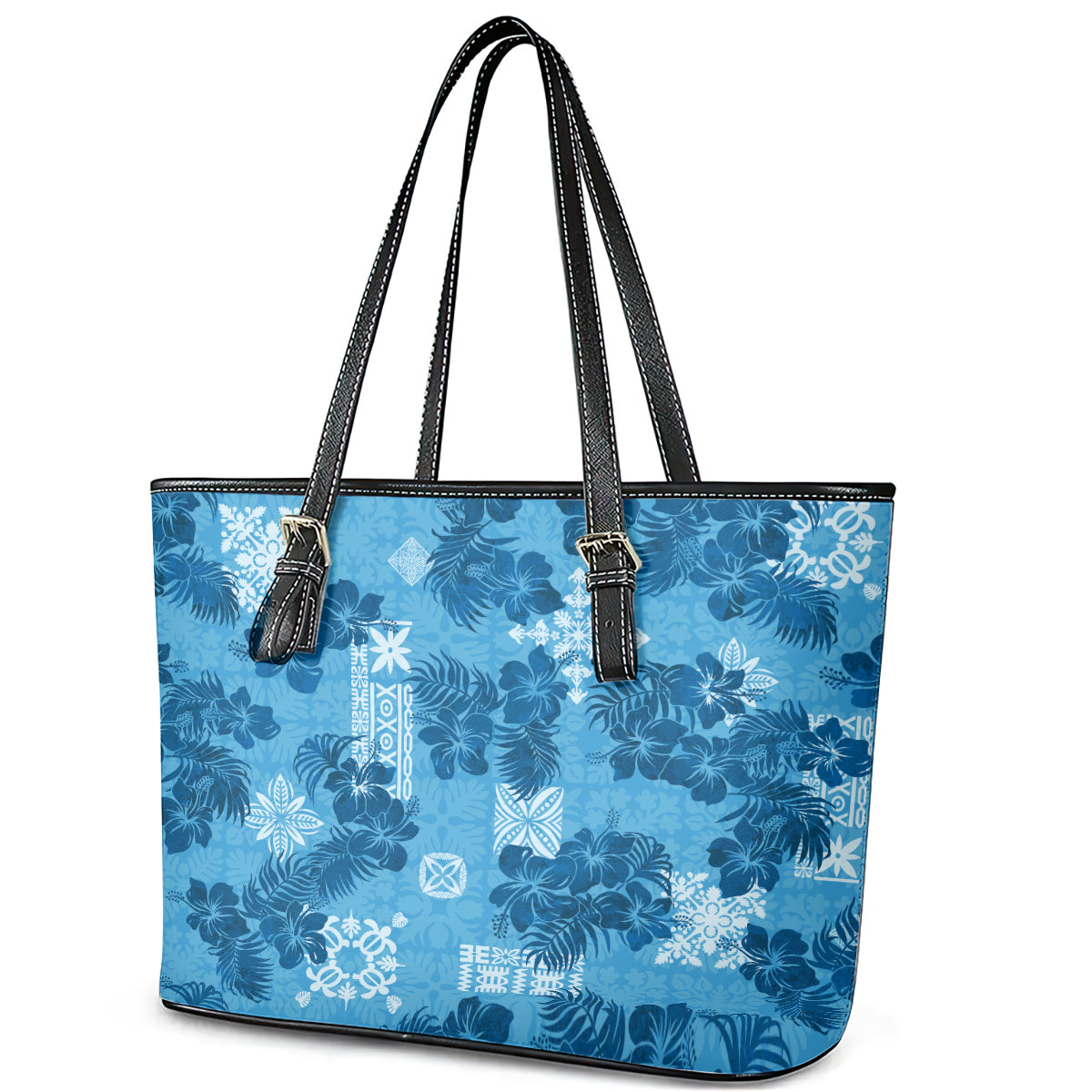 Hawaii Tapa Leather Tote Bag Hibiscus Mix Hawaiian Quilt Patches - Blue LT7 - Polynesian Pride