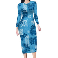 Hawaii Tapa Long Sleeve Bodycon Dress Hibiscus Mix Hawaiian Quilt Patches - Blue LT7 Long Dress Blue - Polynesian Pride