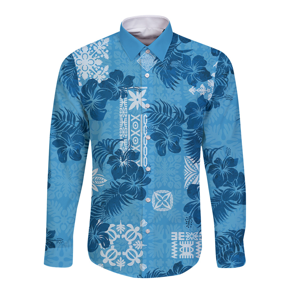 Hawaii Tapa Long Sleeve Button Shirt Hibiscus Mix Hawaiian Quilt Patches - Blue LT7 Unisex Blue - Polynesian Pride