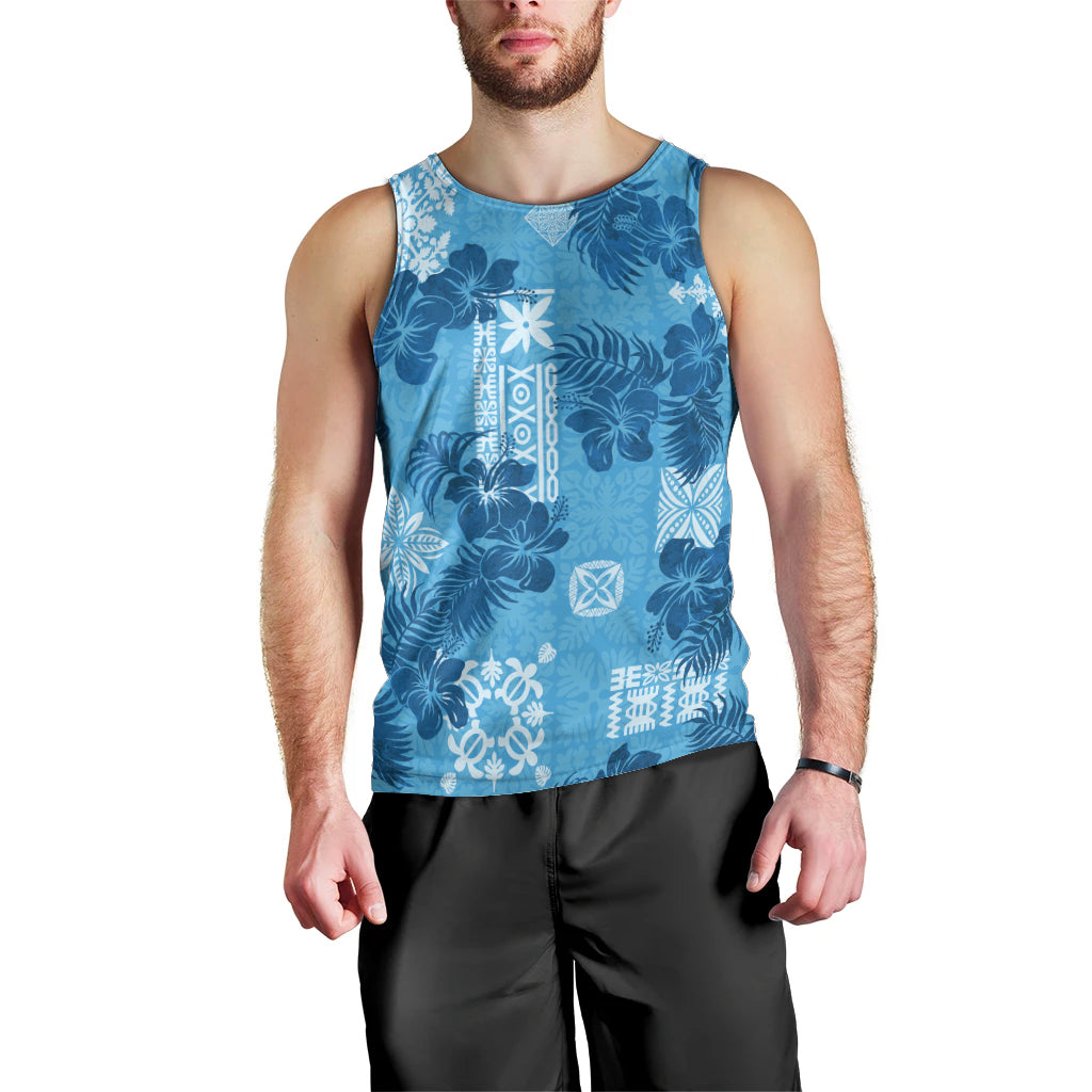 Hawaii Tapa Men Tank Top Hibiscus Mix Hawaiian Quilt Patches - Blue LT7 - Polynesian Pride