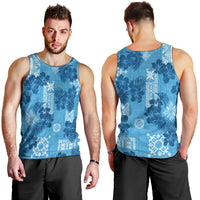 Hawaii Tapa Men Tank Top Hibiscus Mix Hawaiian Quilt Patches - Blue LT7 - Polynesian Pride