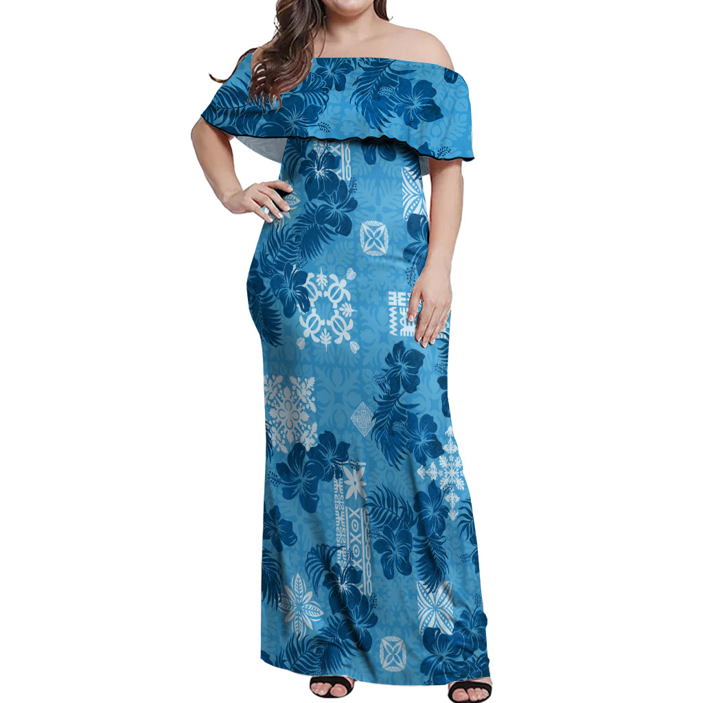 Hawaii Tapa Off Shoulder Maxi Dress Hibiscus Mix Hawaiian Quilt Patches - Blue LT7 Women Blue - Polynesian Pride