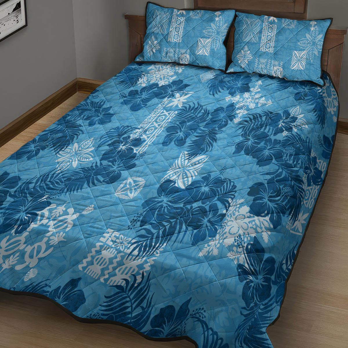 Hawaii Tapa Quilt Bed Set Hibiscus Mix Hawaiian Quilt Patches - Blue LT7 - Polynesian Pride
