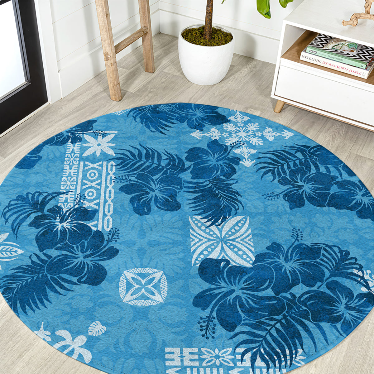 Hawaii Tapa Round Carpet Hibiscus Mix Hawaiian Quilt Patches - Blue LT7 Blue - Polynesian Pride