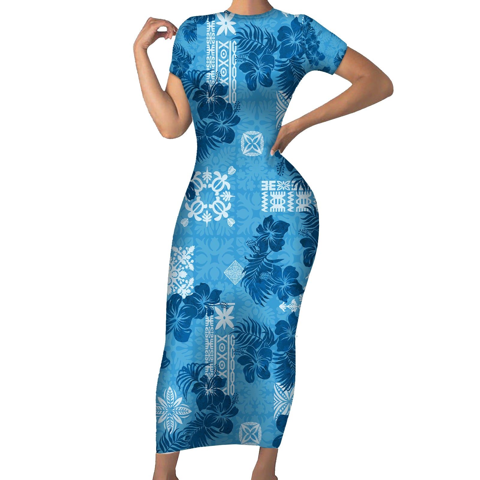 Hawaii Tapa Short Sleeve Bodycon Dress Hibiscus Mix Hawaiian Quilt Patches - Blue LT7 Long Dress Blue - Polynesian Pride