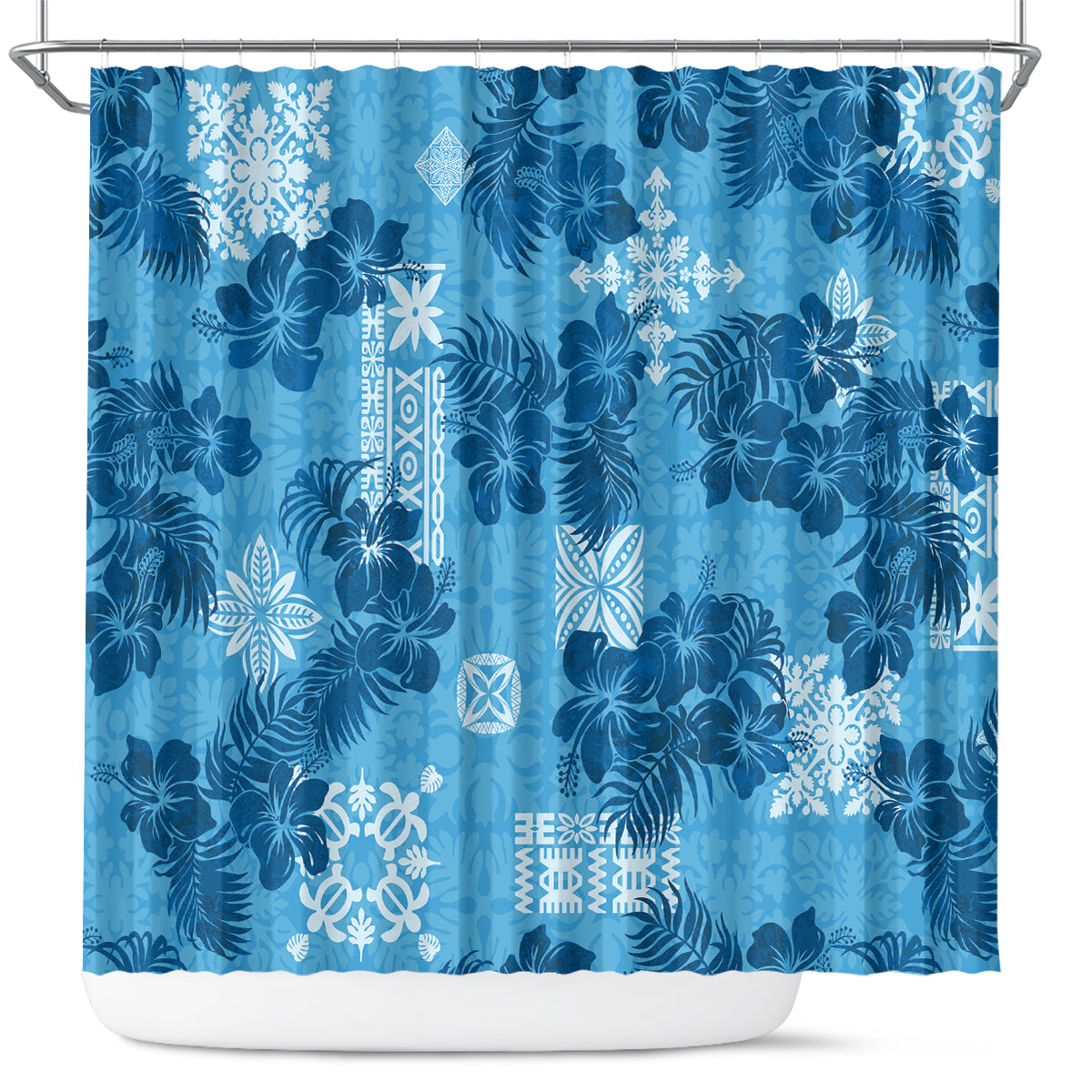 Hawaii Tapa Shower Curtain Hibiscus Mix Hawaiian Quilt Patches - Blue LT7 Blue - Polynesian Pride