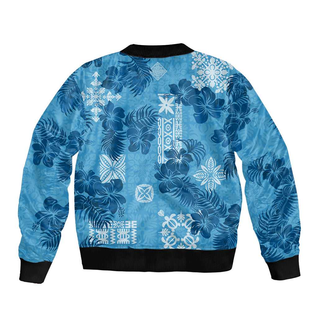 Hawaii Tapa Sleeve Zip Bomber Jacket Hibiscus Mix Hawaiian Quilt Patches - Blue LT7 - Polynesian Pride