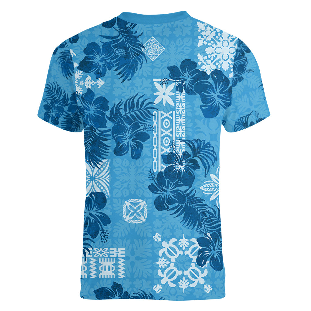 Hawaii Tapa Women V Neck T Shirt Hibiscus Mix Hawaiian Quilt Patches - Blue LT7 - Polynesian Pride