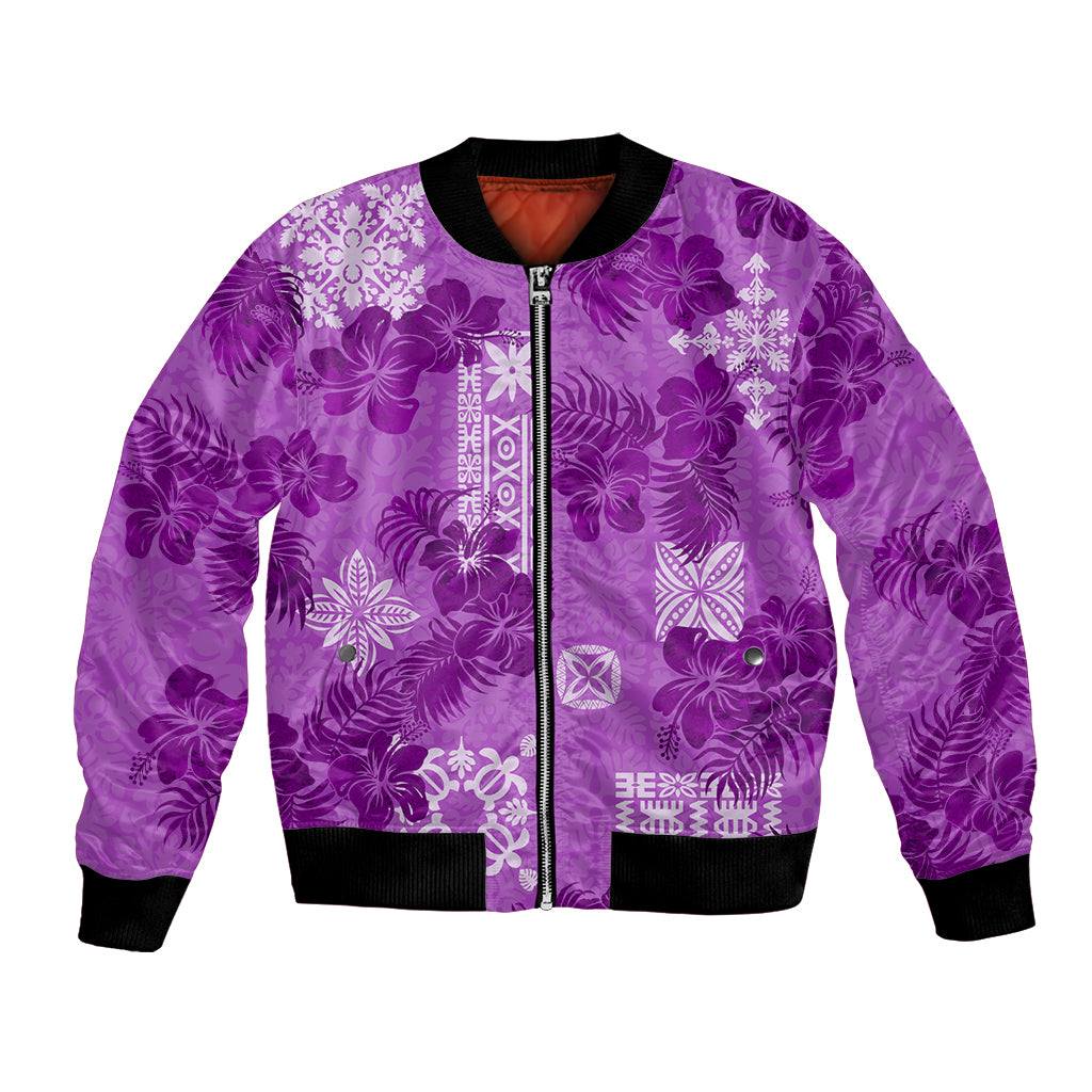 Hawaii Tapa Bomber Jacket Hibiscus Mix Hawaiian Quilt Patches - Violet LT7 Unisex Violet - Polynesian Pride