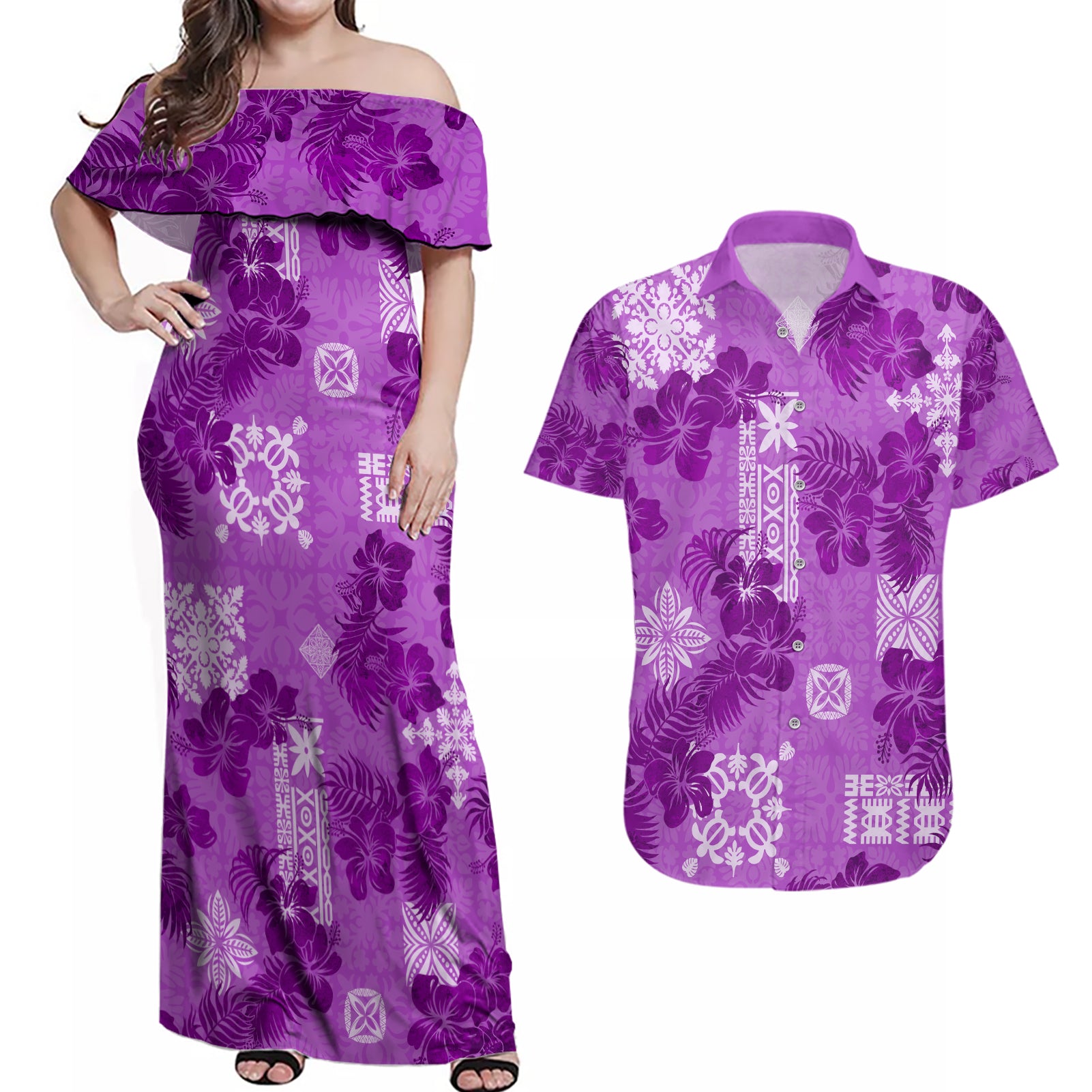 Hawaii Tapa Couples Matching Off Shoulder Maxi Dress and Hawaiian Shirt Hibiscus Mix Hawaiian Quilt Patches - Violet LT7 Violet - Polynesian Pride