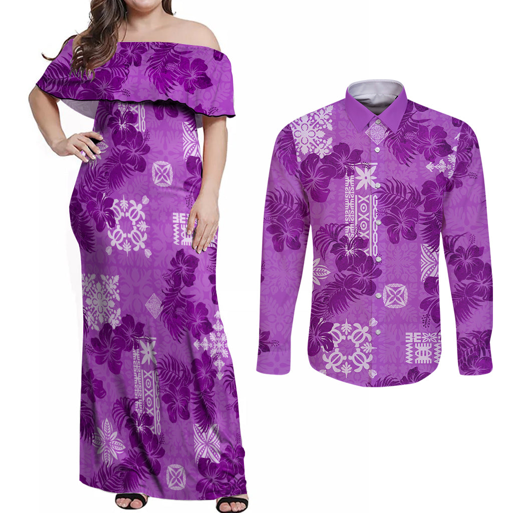 Hawaii Tapa Couples Matching Off Shoulder Maxi Dress and Long Sleeve Button Shirt Hibiscus Mix Hawaiian Quilt Patches - Violet LT7 Violet - Polynesian Pride