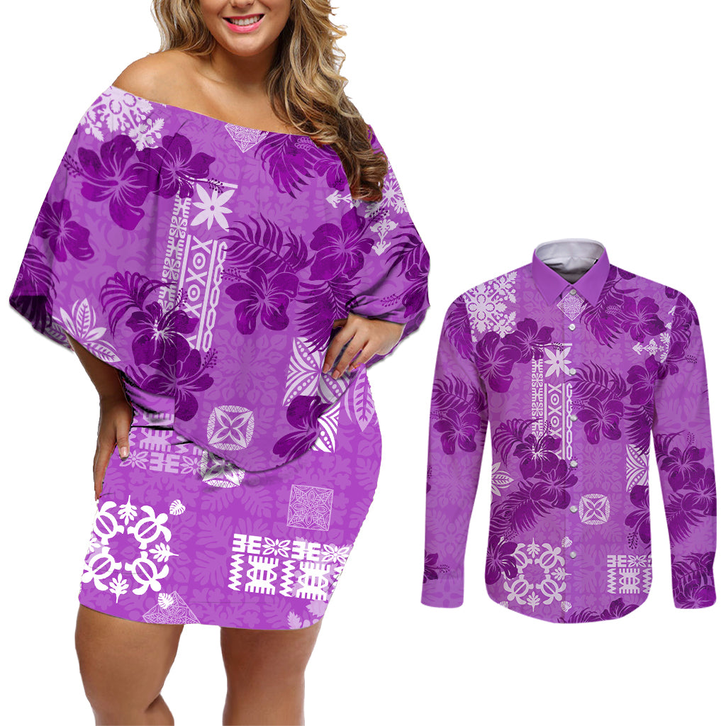 Hawaii Tapa Couples Matching Off Shoulder Short Dress and Long Sleeve Button Shirt Hibiscus Mix Hawaiian Quilt Patches - Violet LT7 Violet - Polynesian Pride