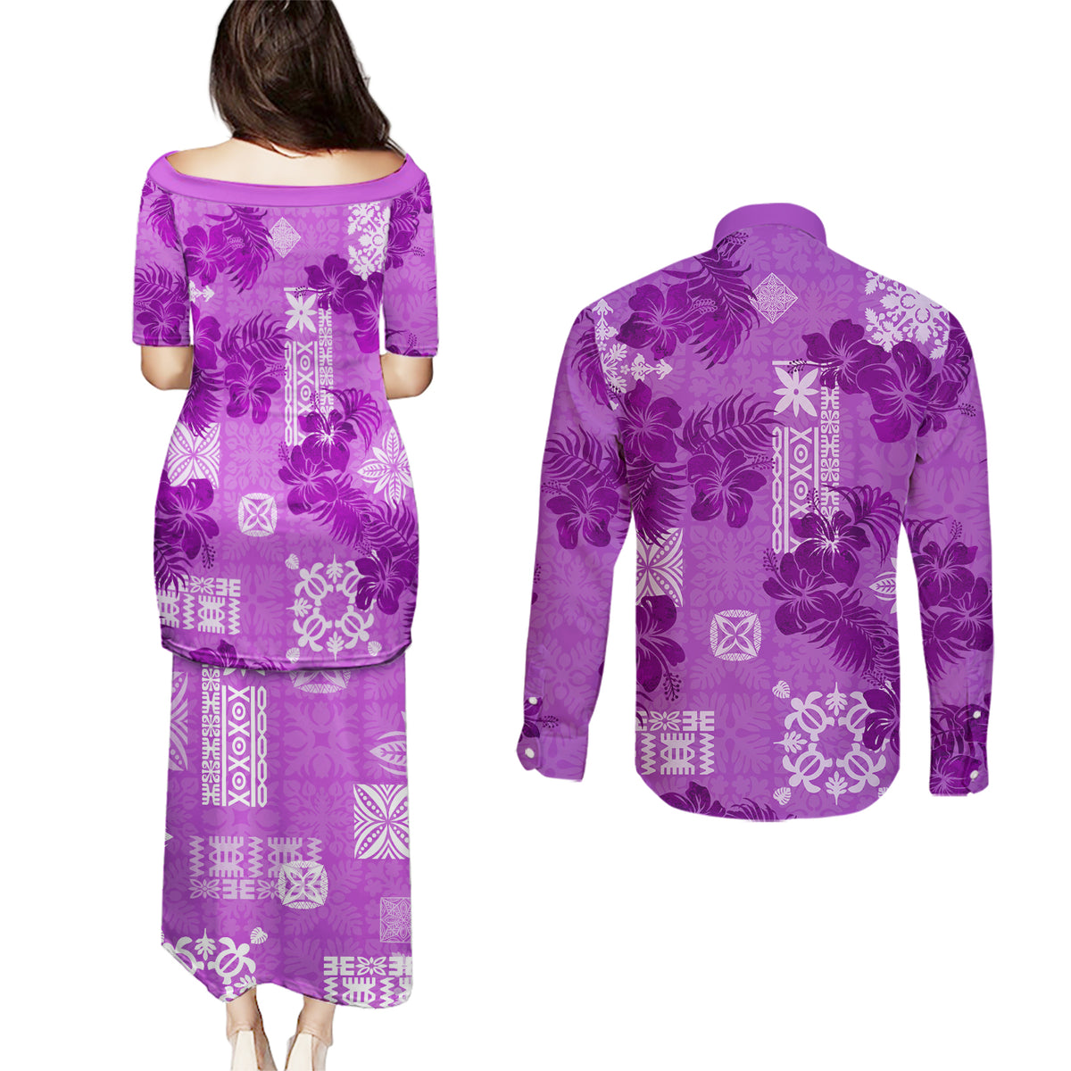 Hawaii Tapa Couples Matching Puletasi Dress and Long Sleeve Button Shirt Hibiscus Mix Hawaiian Quilt Patches - Violet LT7 - Polynesian Pride