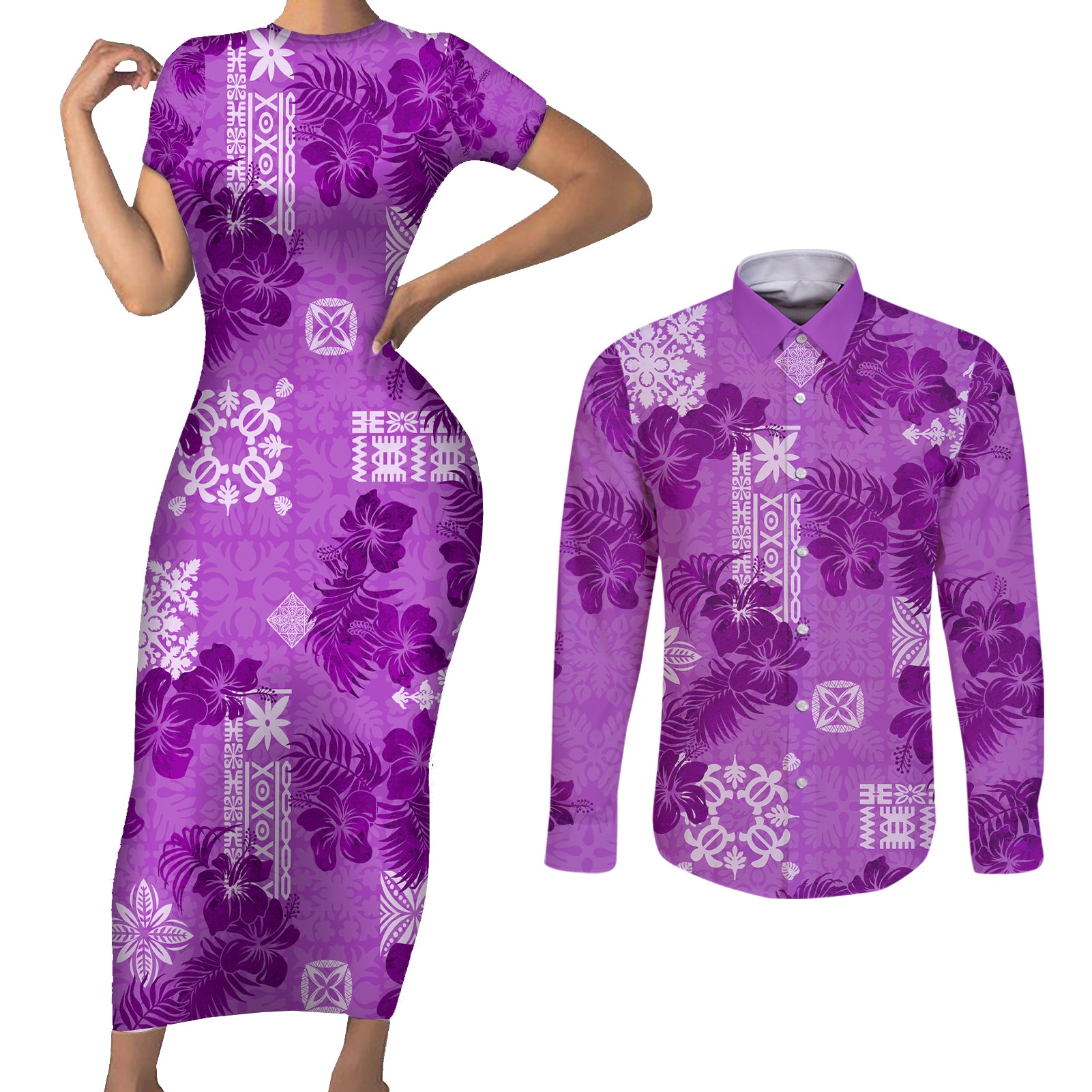 Hawaii Tapa Couples Matching Short Sleeve Bodycon Dress and Long Sleeve Button Shirt Hibiscus Mix Hawaiian Quilt Patches - Violet LT7 Violet - Polynesian Pride