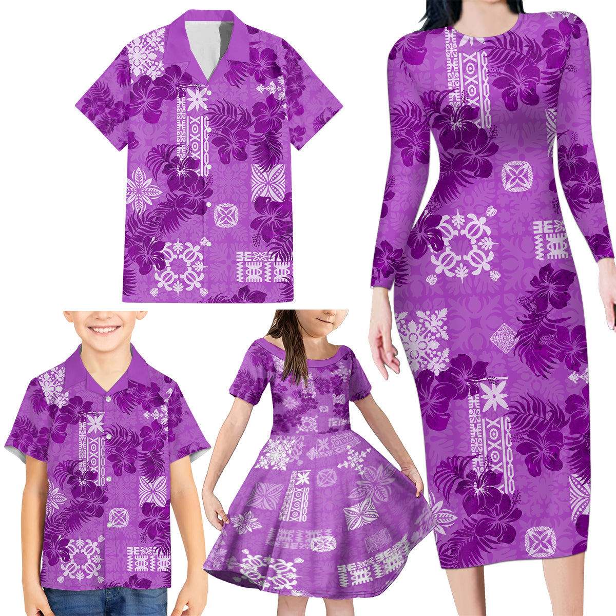 Hawaii Tapa Family Matching Long Sleeve Bodycon Dress and Hawaiian Shirt Hibiscus Mix Hawaiian Quilt Patches - Violet LT7 - Polynesian Pride