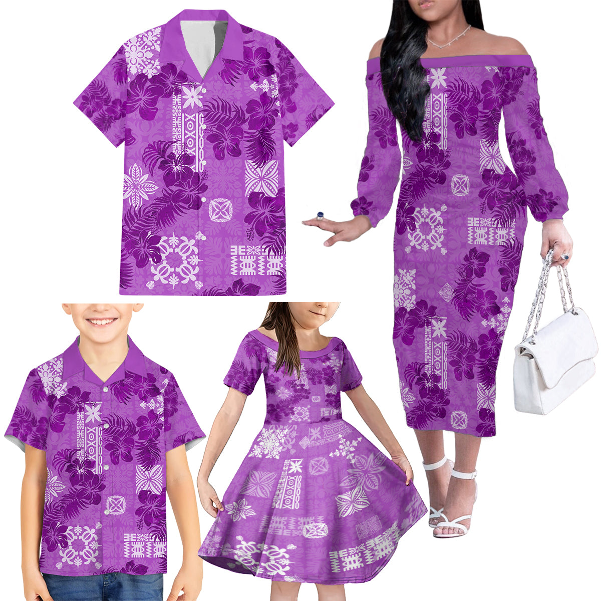 Hawaii Tapa Family Matching Off Shoulder Long Sleeve Dress and Hawaiian Shirt Hibiscus Mix Hawaiian Quilt Patches - Violet LT7 - Polynesian Pride