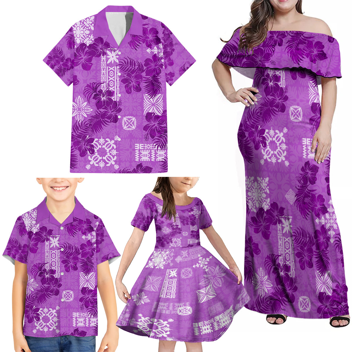 Hawaii Tapa Family Matching Off Shoulder Maxi Dress and Hawaiian Shirt Hibiscus Mix Hawaiian Quilt Patches - Violet LT7 - Polynesian Pride