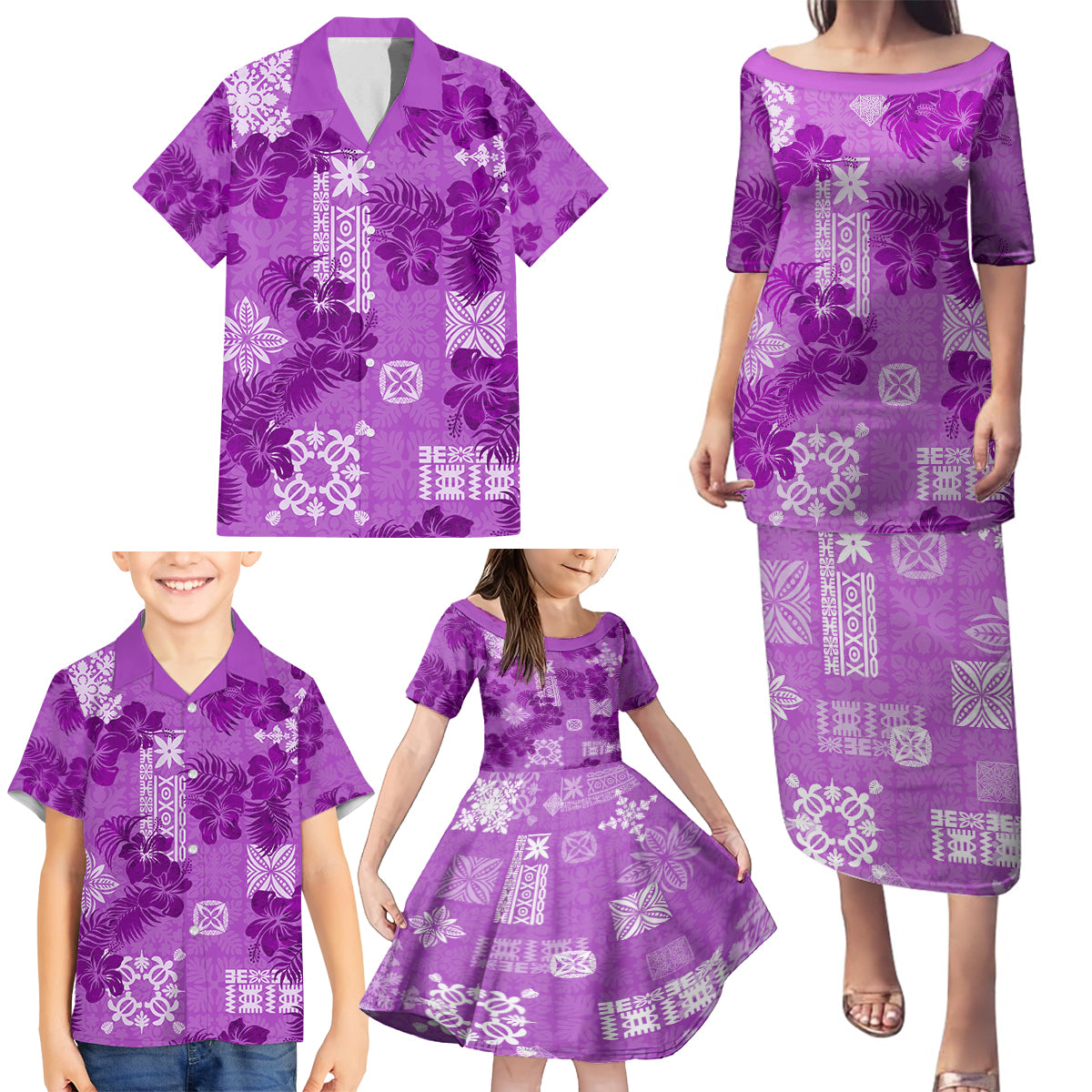 Hawaii Tapa Family Matching Puletasi Dress and Hawaiian Shirt Hibiscus Mix Hawaiian Quilt Patches - Violet LT7 - Polynesian Pride