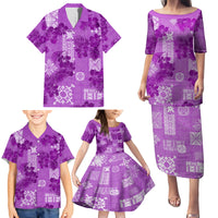 Hawaii Tapa Family Matching Puletasi Dress and Hawaiian Shirt Hibiscus Mix Hawaiian Quilt Patches - Violet LT7 - Polynesian Pride