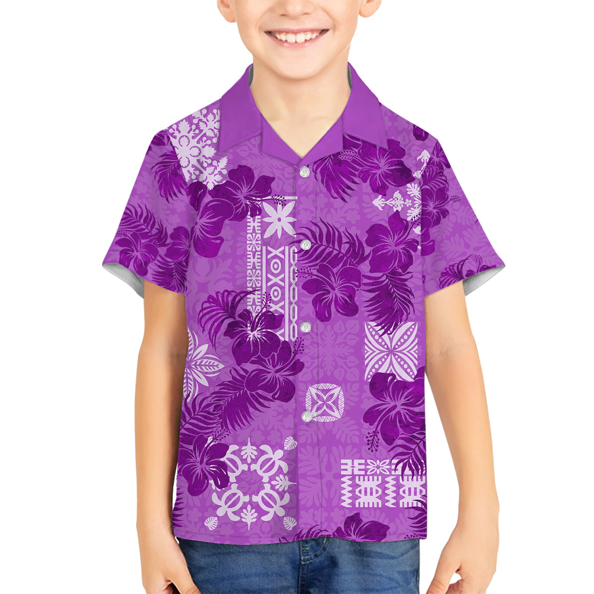 Hawaii Tapa Family Matching Puletasi Dress and Hawaiian Shirt Hibiscus Mix Hawaiian Quilt Patches - Violet LT7 Son's Shirt Violet - Polynesian Pride