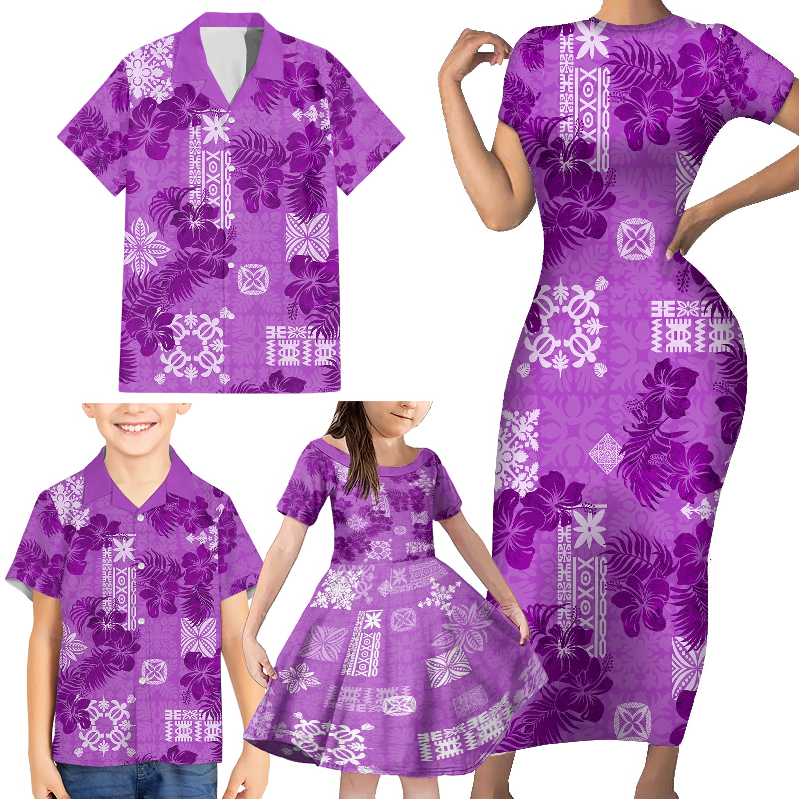 Hawaii Tapa Family Matching Short Sleeve Bodycon Dress and Hawaiian Shirt Hibiscus Mix Hawaiian Quilt Patches - Violet LT7 - Polynesian Pride