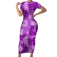 Hawaii Tapa Family Matching Short Sleeve Bodycon Dress and Hawaiian Shirt Hibiscus Mix Hawaiian Quilt Patches - Violet LT7 Mom's Dress Violet - Polynesian Pride